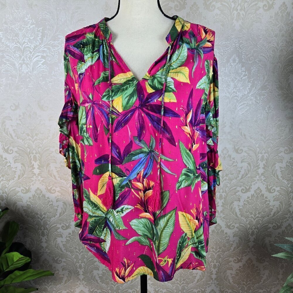 Chico's 3 (US 16) Pink Floral Clip Dot Ruffle Blouse Statement Sleeves Ruffles